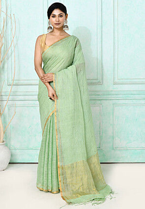 Handloom Linen Silk Saree in Light Green