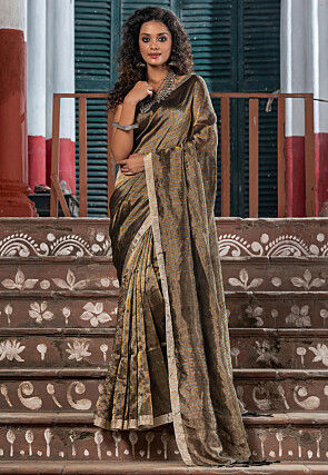 Handloom Tissue Silk Saree in Grey and Golden
