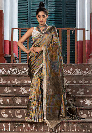 Handloom Tissue Silk Saree in Grey and Golden