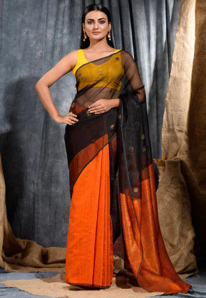 Handloom Matka Silk Half N Half Saree in Black and Orange