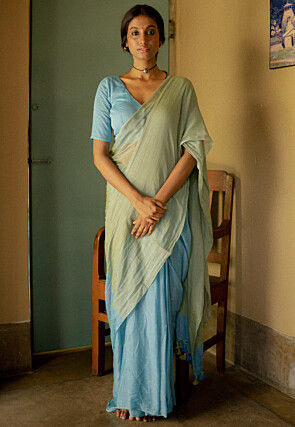Handloom Modal Cotton Saree in Light Green and Pastel Blue
