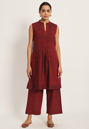 Handloom Pure Cotton Co Ord Set in Maroon