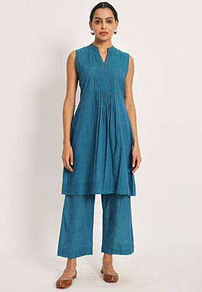 Handloom Pure Cotton Co Ord Set in Teal Blue