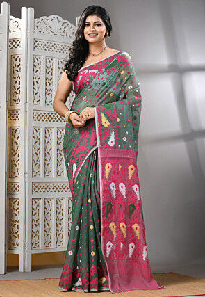 Handloom Pure Cotton Dhakai Jamdani Saree in Green