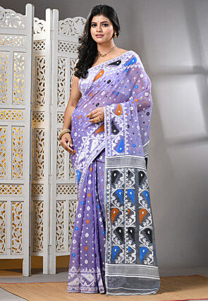 Handloom Pure Cotton Dhakai Jamdani Saree in Light Purple