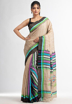 Handloom Pure Ghicha Silk Saree in Light Beige and Multicolor