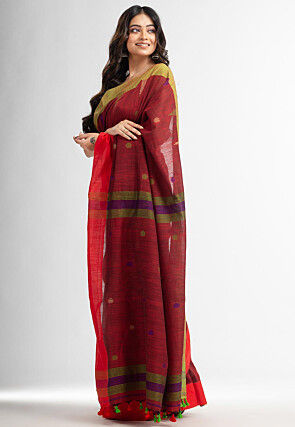 Handloom Pure Cotton Jamdani Saree in Maroon