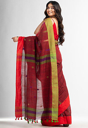 Handloom Pure Cotton Jamdani Saree in Maroon