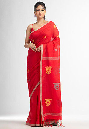 Handloom Pure Cotton Jamdani Saree in Red