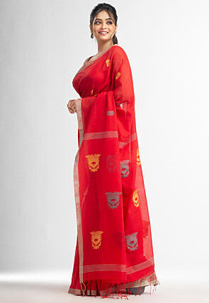 Handloom Pure Cotton Jamdani Saree in Red