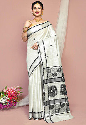 Handloom Pure Cotton Kerela Kasavu Saree in White