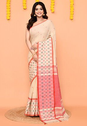 Handloom Pure Cotton Saree in Beige