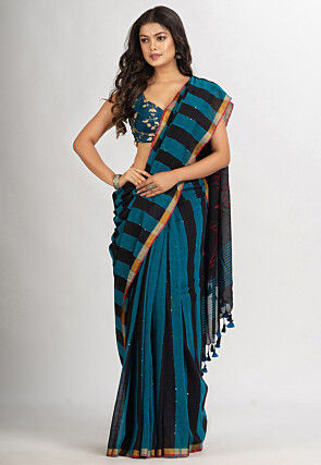 Handloom Pure Cotton Saree in Black and Blue