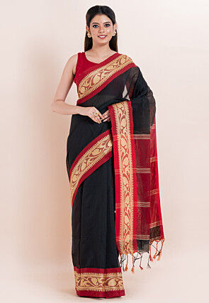 Handloom Pure Cotton Saree in Black
