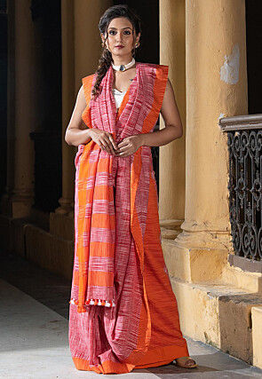 Handloom Pure Cotton Saree in Coral Pink