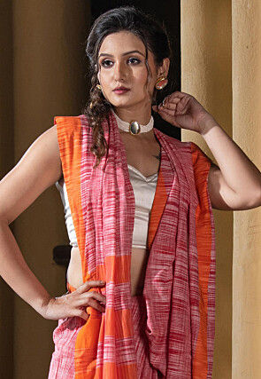 Handloom Pure Cotton Saree in Coral Pink