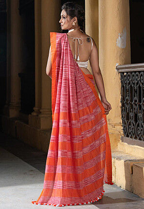 Handloom Pure Cotton Saree in Coral Pink