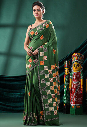 Handloom Pure Cotton Saree in Dark Green