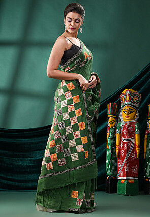 Handloom Pure Cotton Saree in Dark Green
