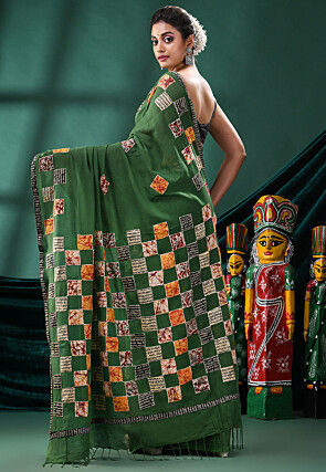 Handloom Pure Cotton Saree in Dark Green