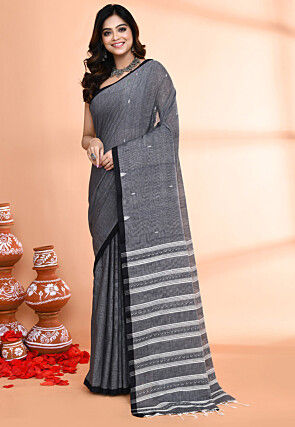 Handloom Pure Cotton Saree in Dark Grey