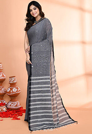 Handloom Pure Cotton Saree in Dark Grey