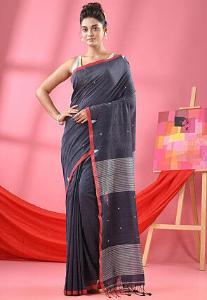 Handloom Pure Cotton Saree in Dark Grey