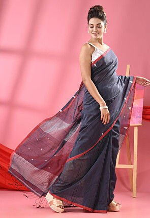 Handloom Pure Cotton Saree in Dark Grey