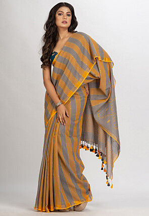 Handloom Pure Cotton Saree in Grey and Yellow