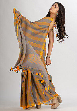 Handloom Pure Cotton Saree in Grey and Yellow