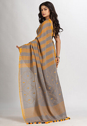 Handloom Pure Cotton Saree in Grey and Yellow