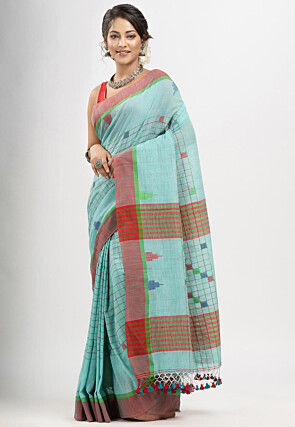 Bengal Handloom Pure Cotton Saree in Dusty Blue