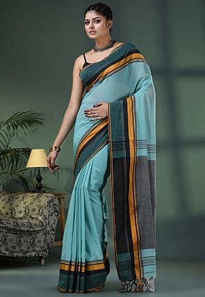 Handloom Pure Cotton Saree in Light Blue