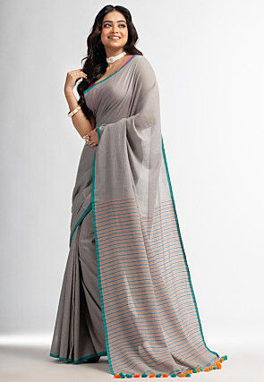 Handloom Pure Cotton Saree in Light Grey