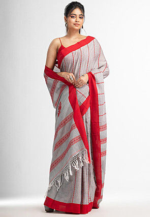 Handloom Pure Cotton Saree in Light Grey