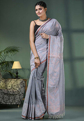 Handloom Pure Cotton Saree in Light Grey