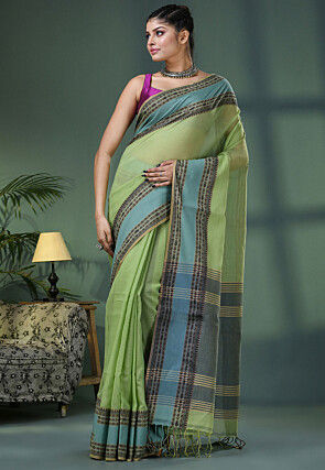 Handloom Pure Cotton Saree in Light Olive Green