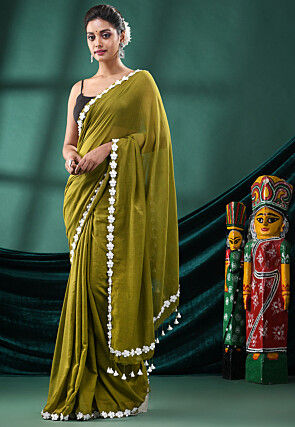 Handloom Pure Cotton Saree in Olive Green