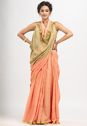 Handloom Pure Cotton Saree in Peach