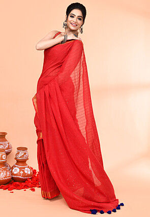Handloom Pure Cotton Saree in Red