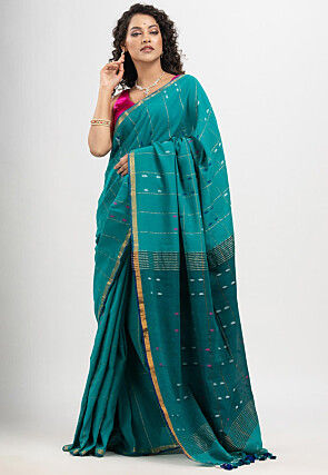Handloom Pure Cotton Saree in Teal Blue