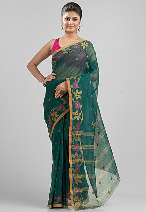 Handloom  Pure Cotton  Saree in Teal Green