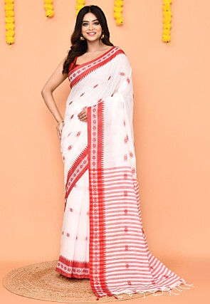 Handloom Pure Cotton Saree in White