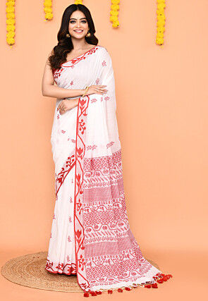 Handloom Pure Cotton Saree in White