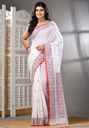 Handloom Pure Cotton Saree in White
