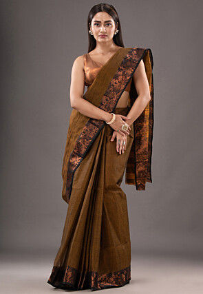 Handloom Pure Cotton Tant Saree in Brown