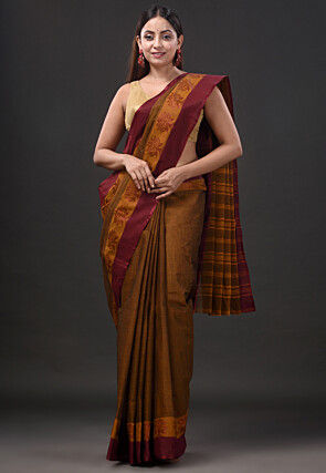 Handloom Pure Cotton Tant Saree in Brown