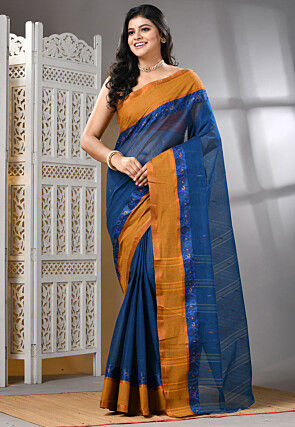 Handloom Pure Cotton Tant Saree in Dark Blue