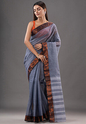 Handloom Pure Cotton Tant Saree in Grey