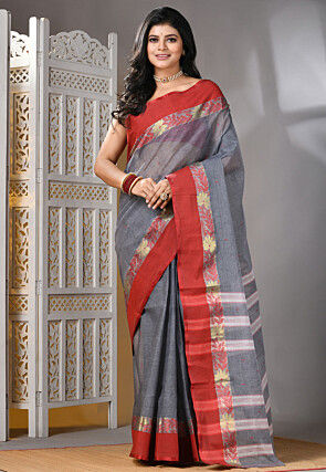 Handloom Pure Cotton Tant Saree in Grey